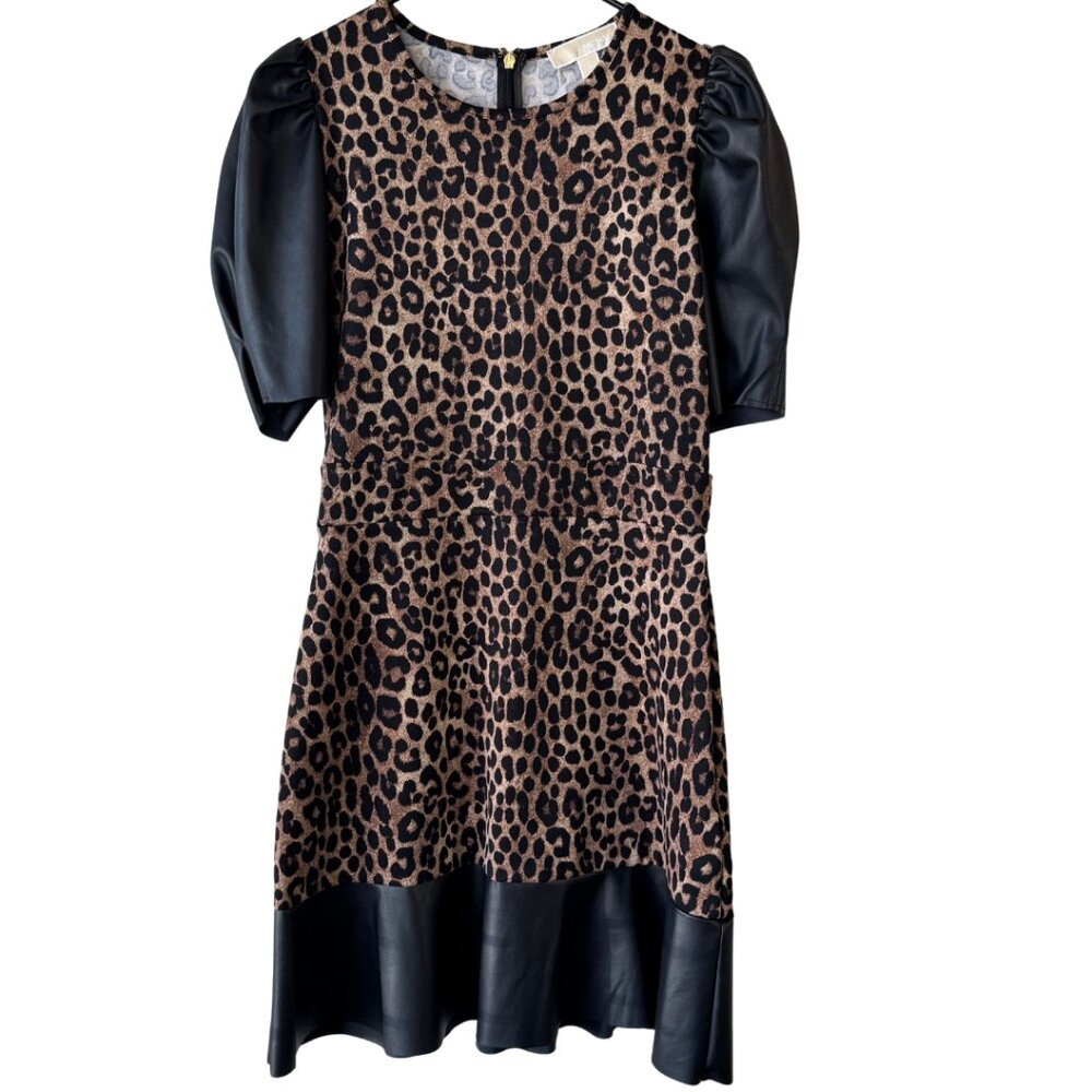 MICHAEL Micheal Kors Animal Print Faux-Leather Trim Dres Size- Small